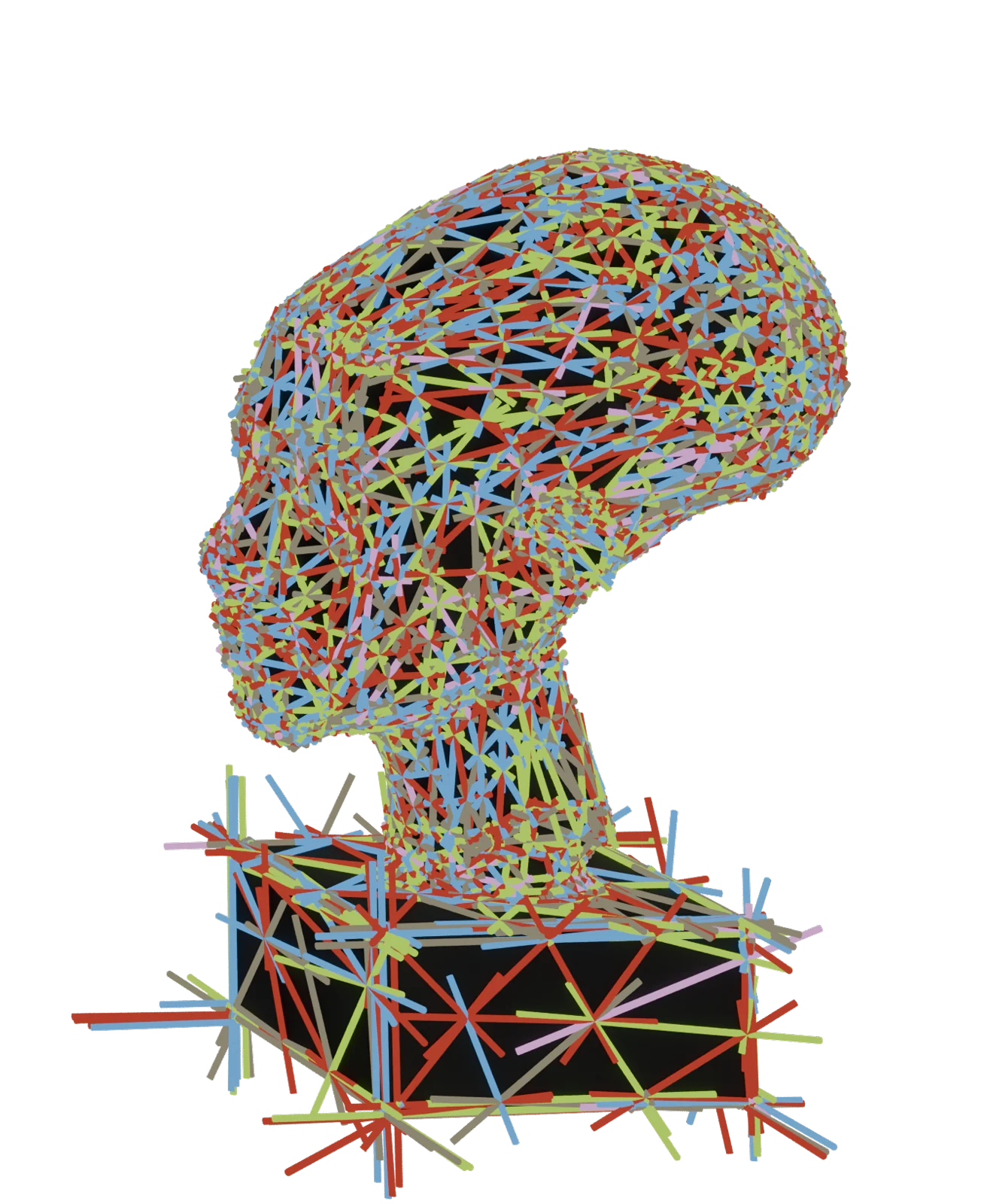 Head sculpture drawn with coloured dashes, frame 1