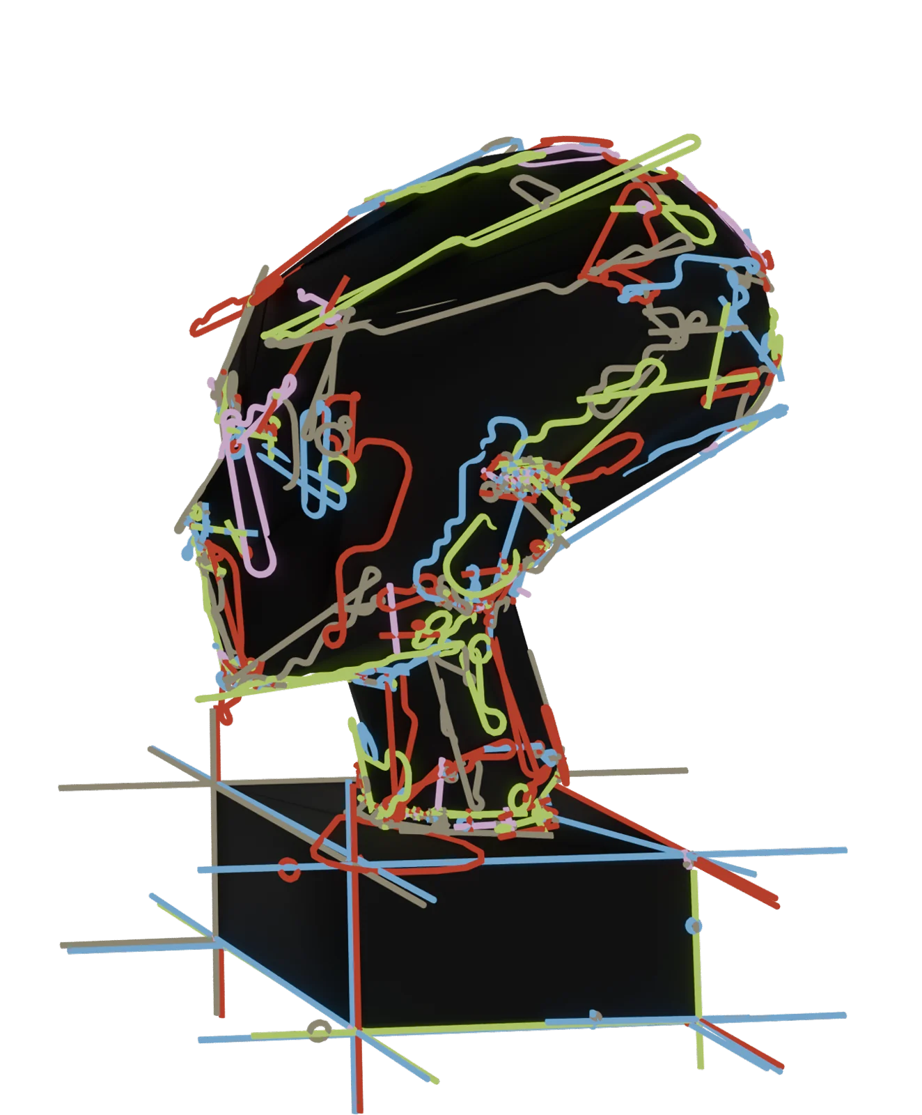 Head sculpture drawn with coloured dashes, frame 2