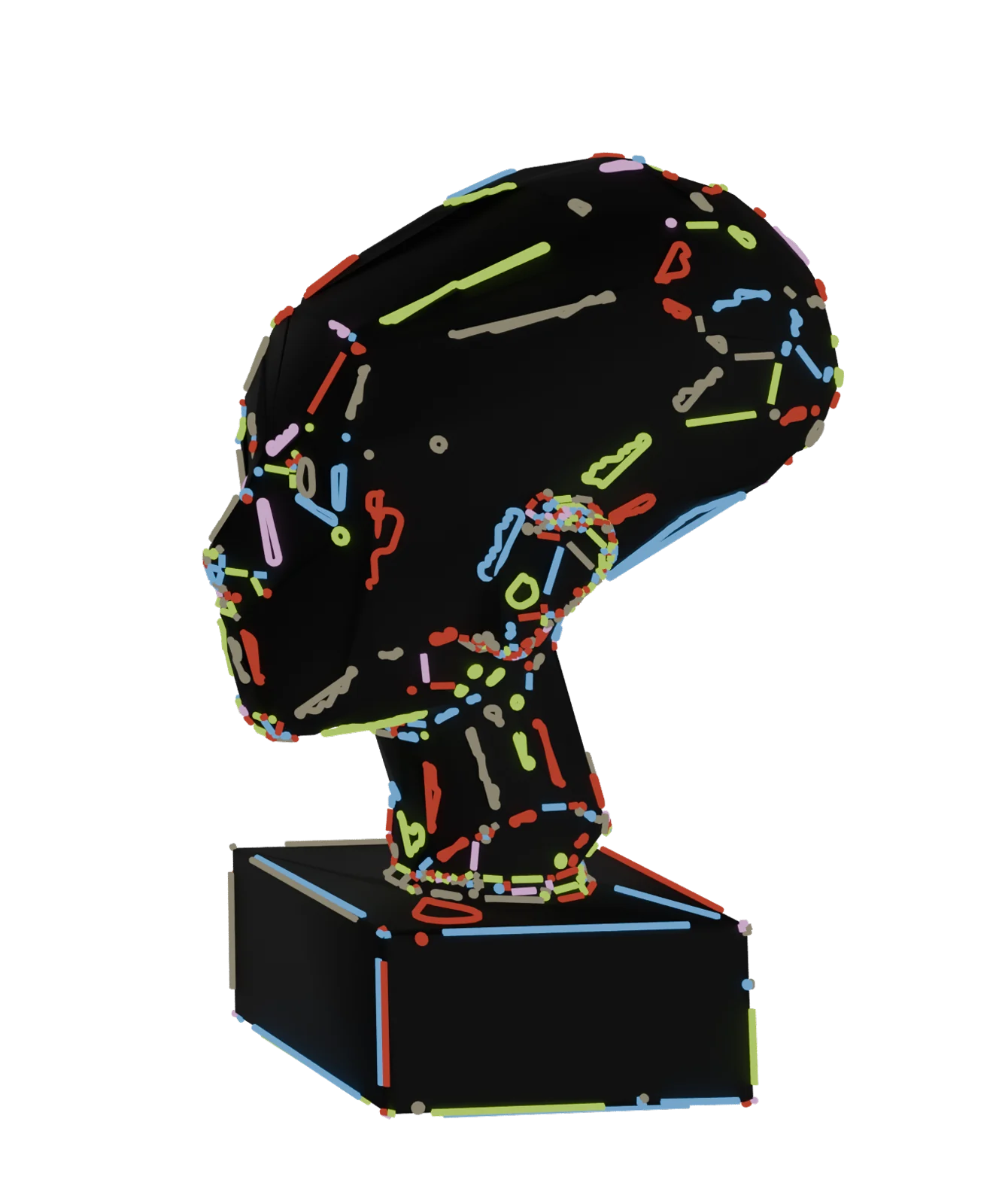 Head sculpture drawn with coloured dashes, frame 4