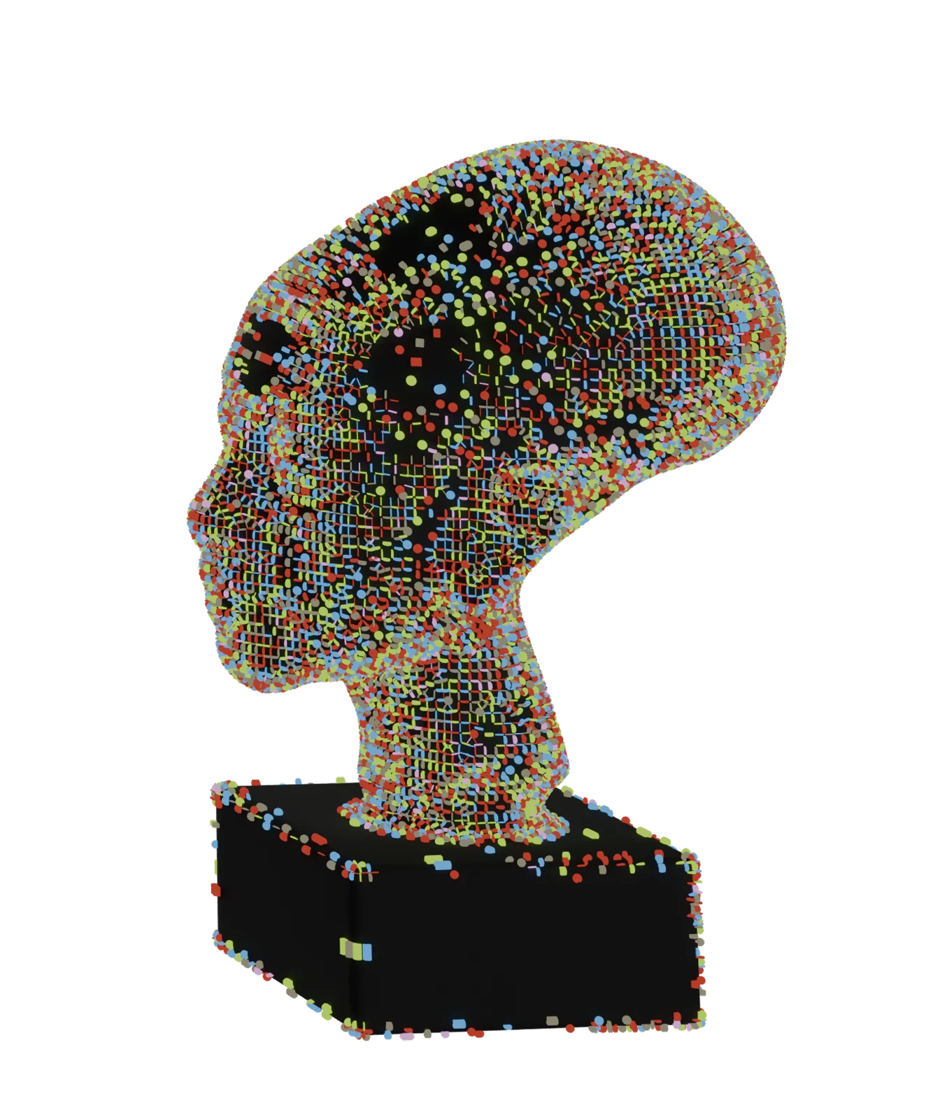 Head sculpture drawn with coloured dashes, frame 5