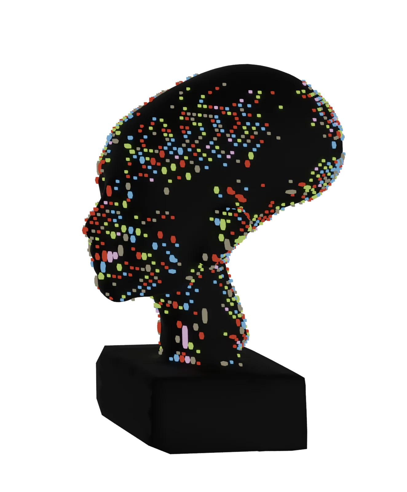 Head sculpture drawn with coloured dashes, frame 8