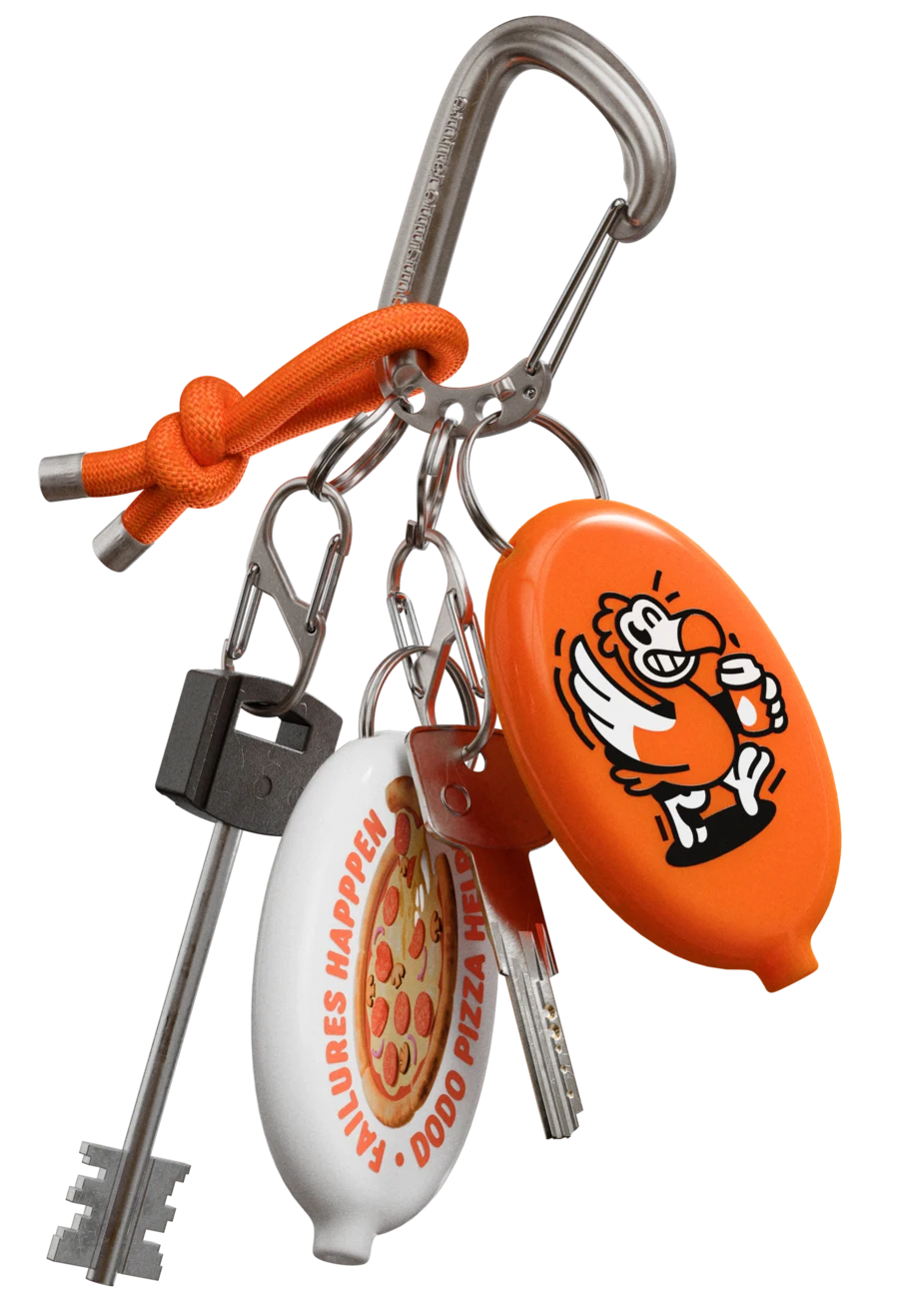 Dodo Pizza keychain with an orange silicone fob